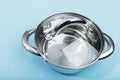 Steel pan with a transparent lid on blue background Royalty Free Stock Photo