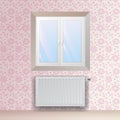 Steel panel radiator under the window. Heating equipment with thermostatic head.