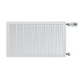 Steel panel radiator on white background. Electronic thermal head with a display. Connection to the right side. Royalty Free Stock Photo