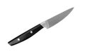 Steel paring knife with black plastic handle on white background isolated closeup, metal chef knife, sharp stainless blade carving