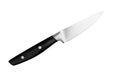Steel paring knife with black plastic handle on white background isolated closeup, metal chef knife, sharp stainless blade carving