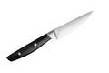 Steel paring knife with black plastic handle on white background isolated closeup, metal chef knife, sharp stainless blade carving