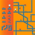 Steel pipe on orange background with manometr and wate tap