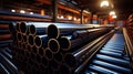 Steel pipes of different diameters in the warehouse of pipelines and spare parts for oil refining petrochemical