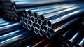 Steel pipes of different diameters in the warehouse of pipelines and spare parts for oil refining petrochemical