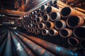 Steel pipes inside the factory or warehouse. Industrial production Royalty Free Stock Photo