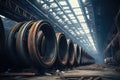 Steel pipes inside the factory or warehouse. Industrial production Royalty Free Stock Photo