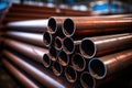 Steel pipes inside the factory or warehouse. Industrial production Royalty Free Stock Photo