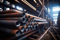 Steel pipes inside the factory or warehouse. Industrial production Royalty Free Stock Photo