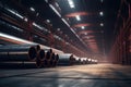 Steel pipes inside the factory or warehouse. Industrial production Royalty Free Stock Photo