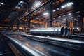 Steel pipes inside the factory or warehouse. Industrial production Royalty Free Stock Photo