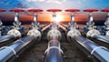 Steel pipes are laid in far away towards to a sunset landscape, pipeline concept,