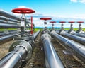 Steel pipes with red valves on close up are stretching towards to horizon on a lanscape background, pipeline concept, 3d