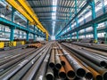 Steel pipes stacked inside factory Royalty Free Stock Photo