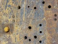 steel plate with holes and bolts completely rusted, rust texture, red rust process, corrosion