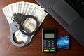 Steel police handcuffs, bank card, money dollars, payment device