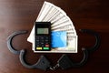 Steel police handcuffs, dollars money, payment device and bank c