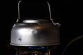 Steel pot on a gas burner stove