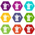 Steel retro coffee pot icon set color hexahedron Royalty Free Stock Photo