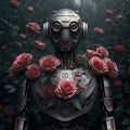 A steel robot standing in a garden of pink roses. Created with Generative AI