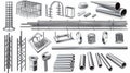 Steel rod, steel reinforced rebar. Modern realistic set of construction armatures, smooth and deformed iron rods for