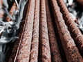 Steel rods macro photography used while construction of building. Macro photography of objects. Royalty Free Stock Photo