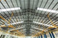 Steel roof truss in car repair center, Steel roof frame Under construction, The interior of a big industrial building or factory Royalty Free Stock Photo