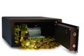Steel safes box full of coins stack and gold bar and banknote 100 USD at the white background with clipping path Royalty Free Stock Photo