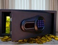 Steel safes box full of coins stack and gold bar Royalty Free Stock Photo