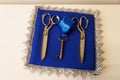 Steel scissors, adorned with a satin blue ribbon, laid on an opulent blue canvas. Ready for the grand opening