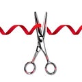 Steel scissors cut the red ribbon