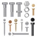 Steel screws bolts. Vise rivets metal construction hardware tools vector realistic pictures