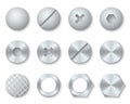 Steel screws, nuts, bolts, rivets heads vector set