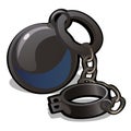 Steel shackles chained to the weight on white background. Vector cartoon close-up illustration.