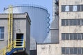 Yellow ladder in an old factory, outside thermal power plant, aluminium pipe, industrial interior, factory, stepladder,