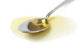 Steel spoon in a puddle of olive oil Royalty Free Stock Photo