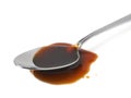 Steel spoon in a puddle of worchester sauce