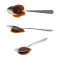 Steel spoon in a puddle of worchester sauce