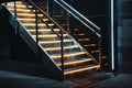 steel staircase with illuminated steps in dark building Royalty Free Stock Photo