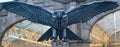 A steel statue of an owl outside Sheffield rail station, South Yorkshire