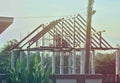 Steel Structure Gable Roof Sunlight Electric Pole House Wall Background Trees House construction