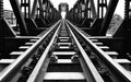 Steel structure of railway bridge, railway rail with vanishing point Royalty Free Stock Photo