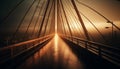 Steel suspension bridge reflects sunset over water, vanishing point illuminated generated by AI