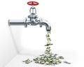 A steel tap with money dripping from it and falling down, pipeline concept, white background,