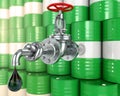 A steel tap tied in knot is connected to oil barrels blurred on background, oild drop falling down the tap, pipeline concept, 3d