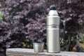 Steel thermos from TERMOS close-up. Space for text