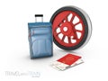 Steel train wheel with bag and pass, 3d Illustration isolated white