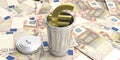 Steel trash can on euro banknotes background. 3d illustration Royalty Free Stock Photo