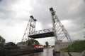 Steel vertical lift bridge in Alphen aan den Rijn over the canal Gouwe.