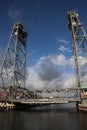 Steel vertical lift bridge in Boskoop over river Gouda during maintenance